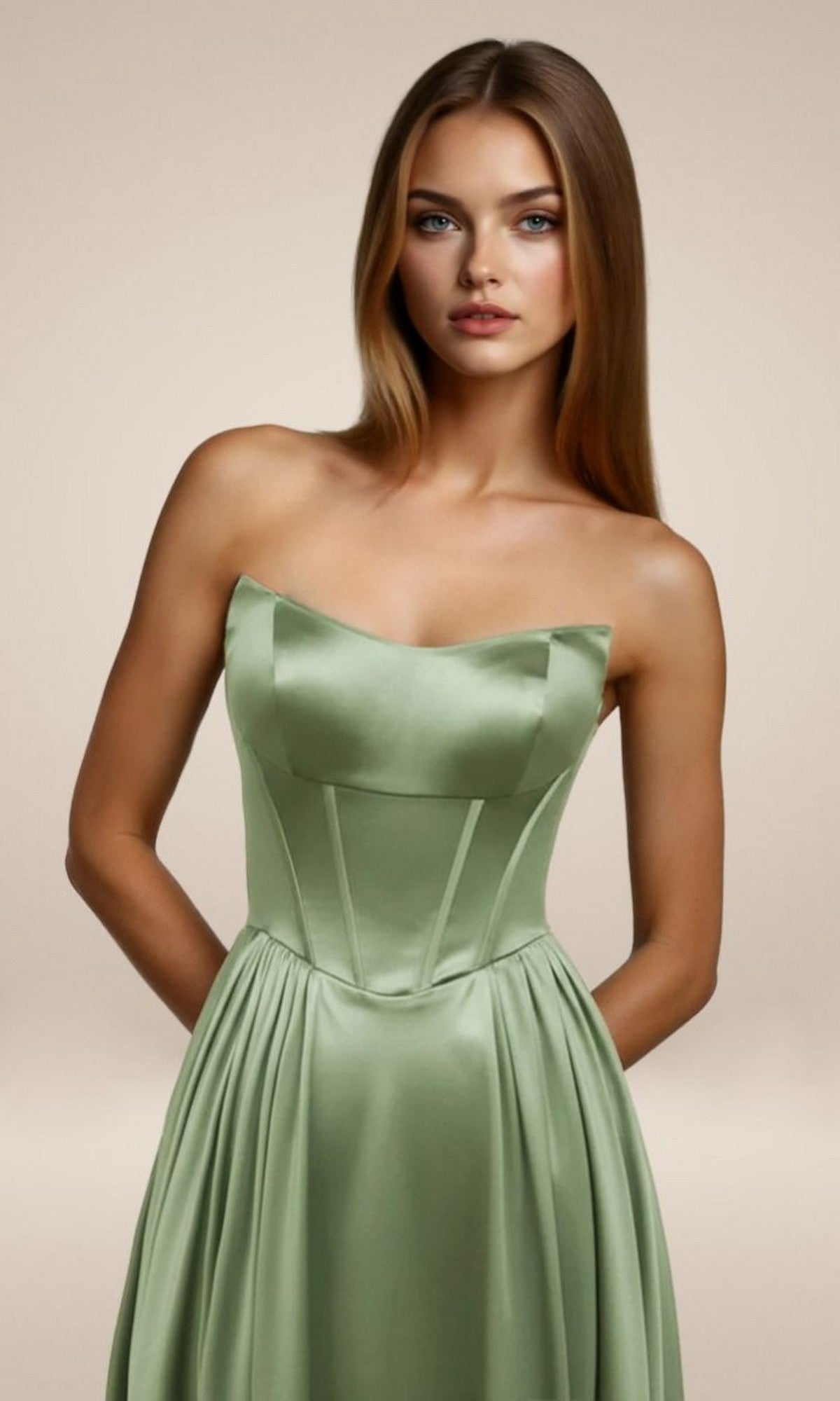 A woman with long brown hair wears the Simple Strapless Long Prom Dress: Amoris T612 in light green satin, featuring a fitted bodice and pleated skirt, standing against a neutral background.